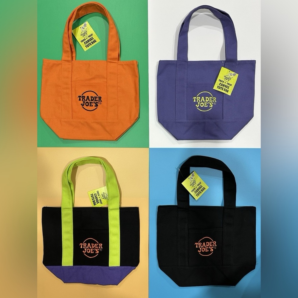 Trader Joe's Mini Halloween Tote Bags - Set of 4 - Black, Purple, Green, Orange